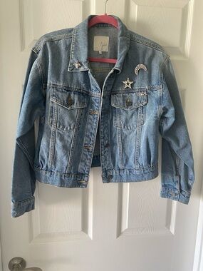 Joie Light Blue Denim Trucker Jacket with Star & Moon Pins
